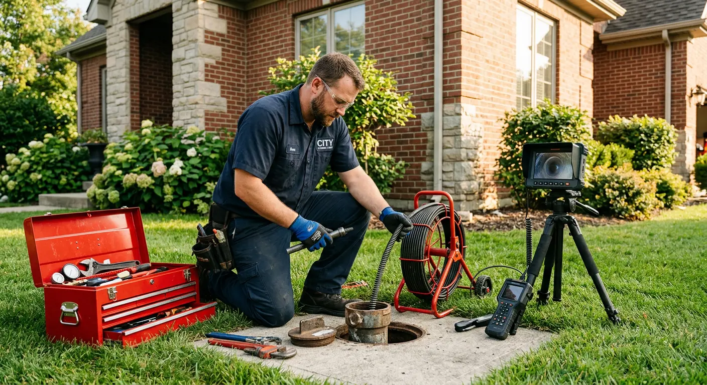 Sewer specialist with camera equipment servicing a cleanout in Kennebunk