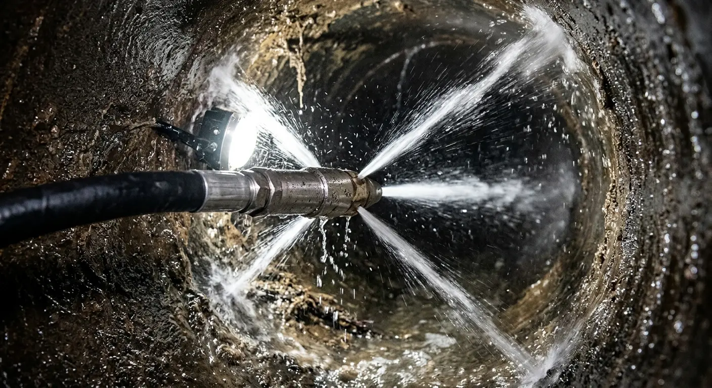High-pressure hydro jetting nozzle cleaning sewer pipe for Trenchless Sewer Repair in Kennebunk