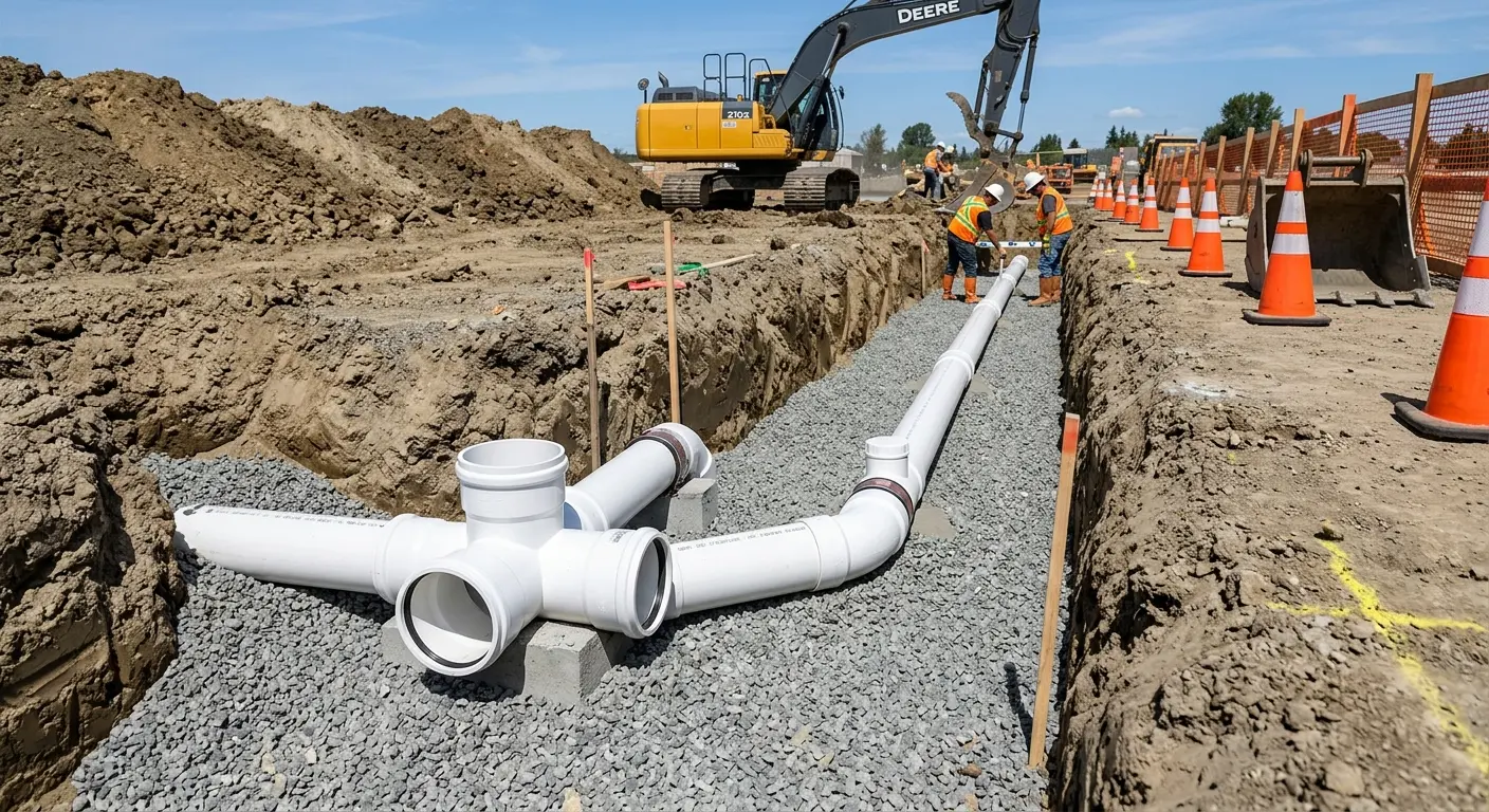 New PVC sewer pipe installation in open trench for Commercial Drain Cleaning in Kennebunk